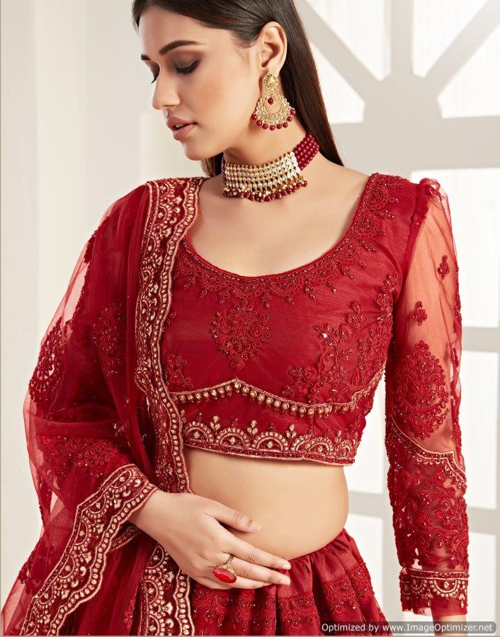 Semi Stitched Reddish Maroon Heavy Net Bridal Partywear Lehenga Choli ALI1008 - Ethnic's By Anvi Creations
