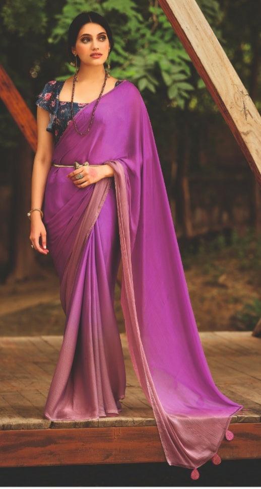 Purple Shaded Velvet Chiffon Saree with Sequined Blouse AN01 - Ethnic's By Anvi Creations