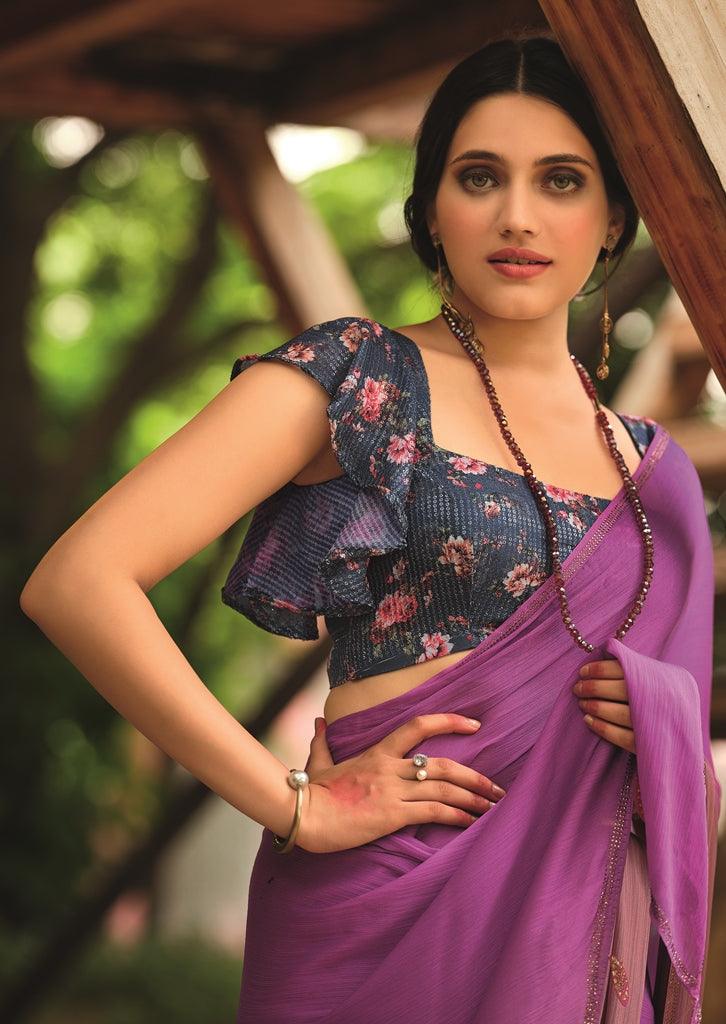 Purple Shaded Velvet Chiffon Saree with Sequined Blouse AN01 - Ethnic's By Anvi Creations