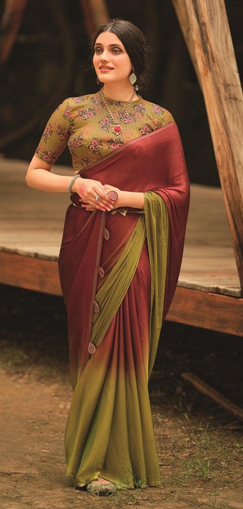 Green Shaded Velvet Chiffon Saree with Sequined Blouse AN02 - Ethnic's By Anvi Creations