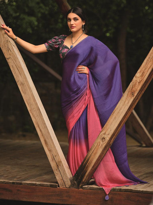 Purple Shaded Velvet Chiffon Saree with Sequined Blouse AN03 - Ethnic's By Anvi Creations