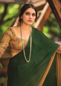 Green Shaded Velvet Chiffon Saree with Sequined Blouse AN04 - Ethnic's By Anvi Creations