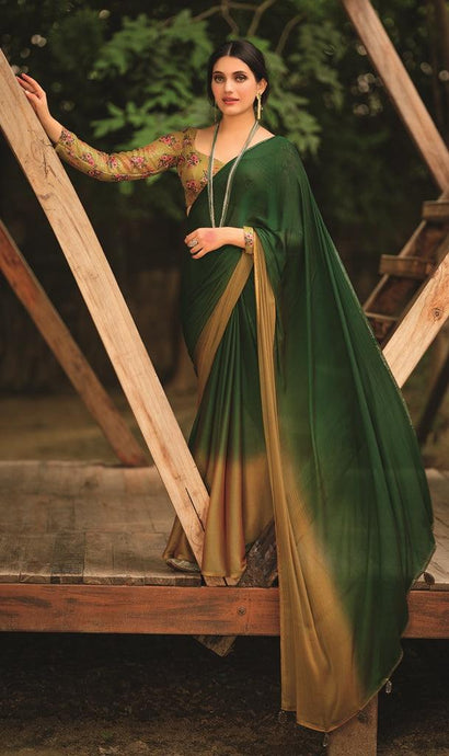 Green Shaded Velvet Chiffon Saree with Sequined Blouse AN04 - Ethnic's By Anvi Creations