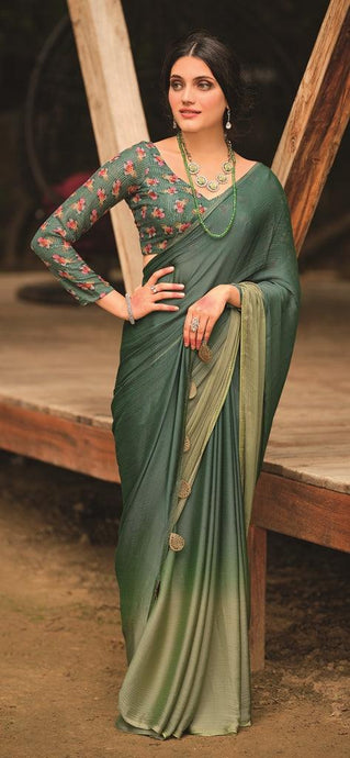 Twin Green Shaded Velvet Chiffon Saree with Sequined Blouse AN05 - Ethnic's By Anvi Creations