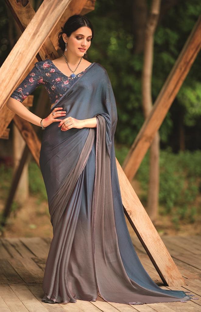 Grey Shaded Velvet Chiffon Saree with Sequined Blouse AN06 - Ethnic's By Anvi Creations