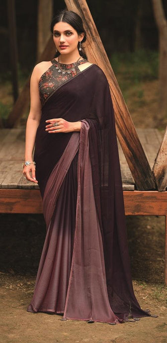Brown Shaded Velvet Chiffon Saree with Sequined Blouse AN08 - Ethnic's By Anvi Creations