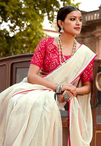 Designer Off White Linen Cotton Embellished Saree with Mask ANT7006-Anvi Creations-Handloom saree,Linen embellished Saree,Saree with Mask