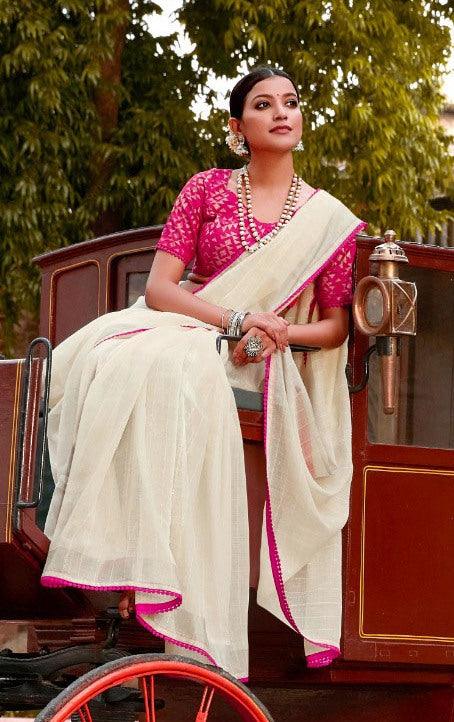 Buy Off White Color With Red Zari Border Cotton Tant Bengal Handloom Saree  (Without Blouse) - MC252064 | www.maanacreation.com