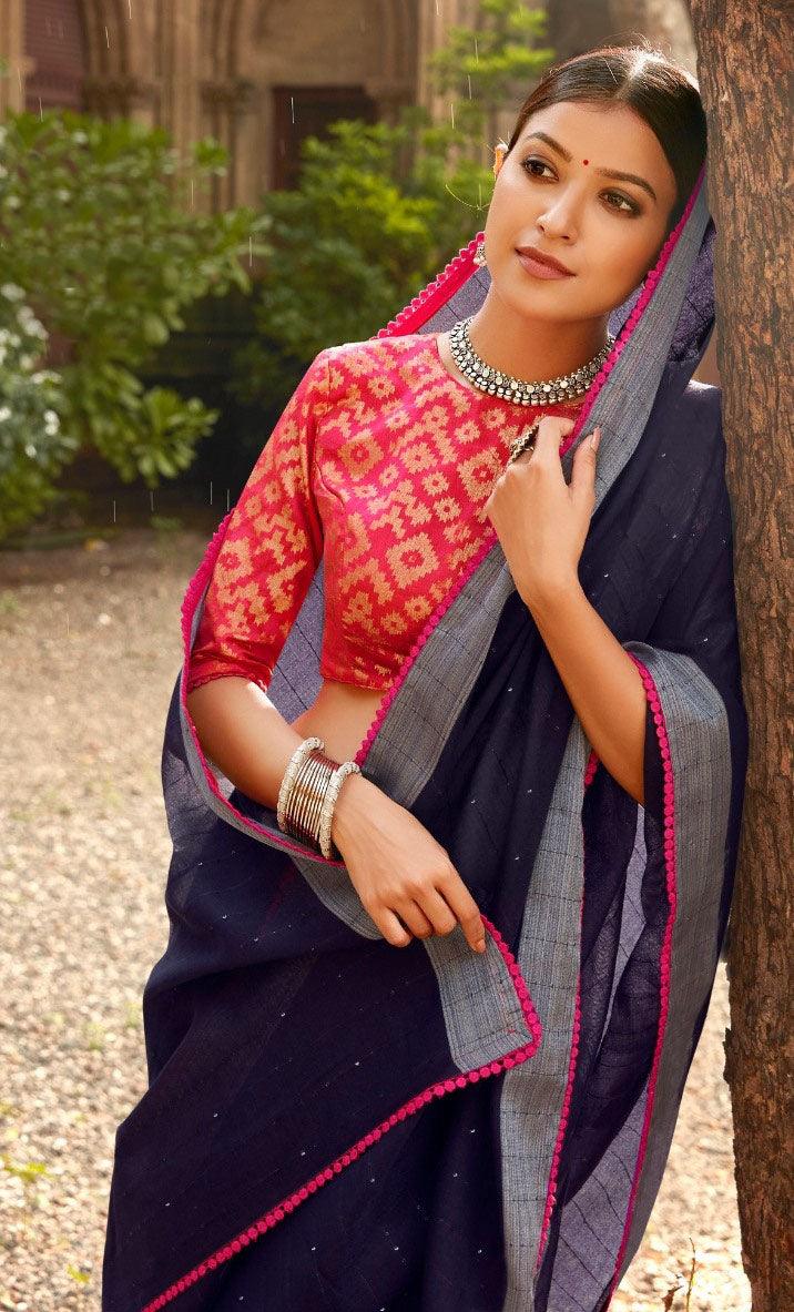 Designer Deep Blue Linen Cotton Embellished Saree with Mask ANT7009-Anvi Creations-Handloom saree,Linen embellished Saree,Saree with Mask