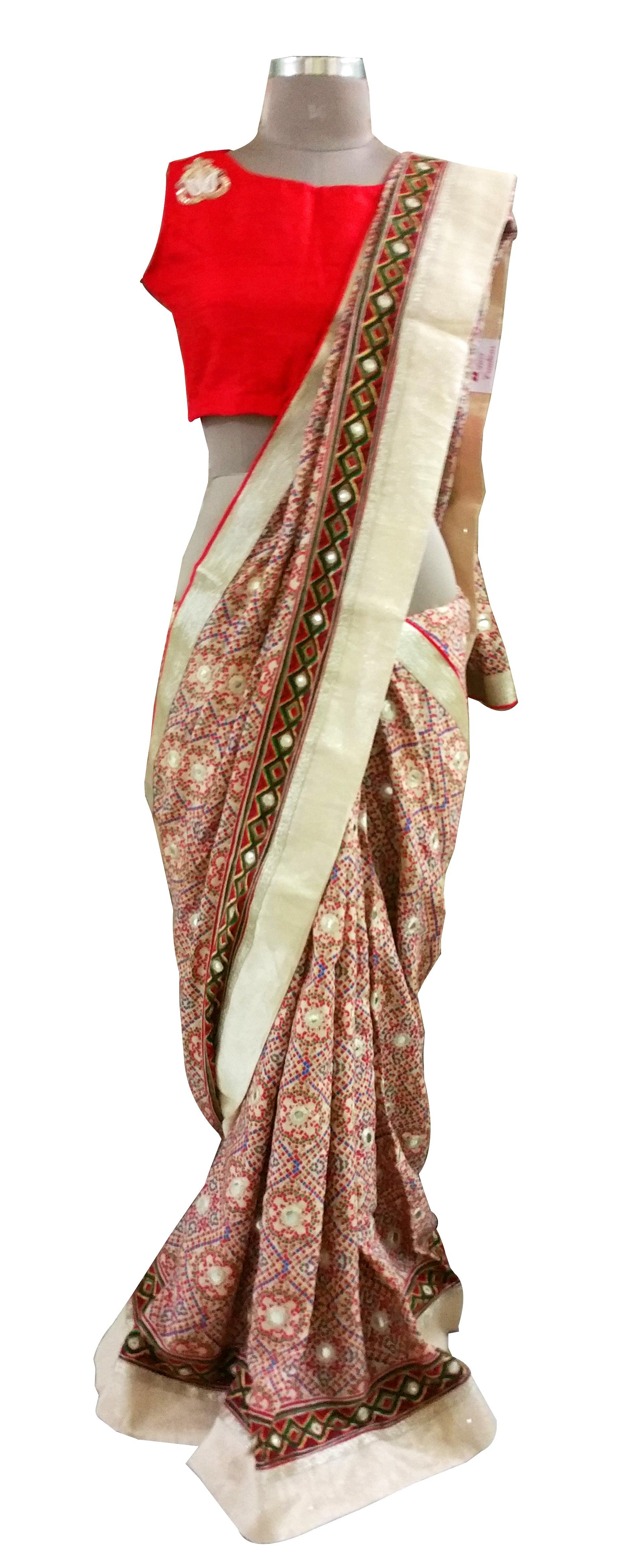 Red Pashmina Cotton Saree APS63-Anvi Creations-Pashmina Saree