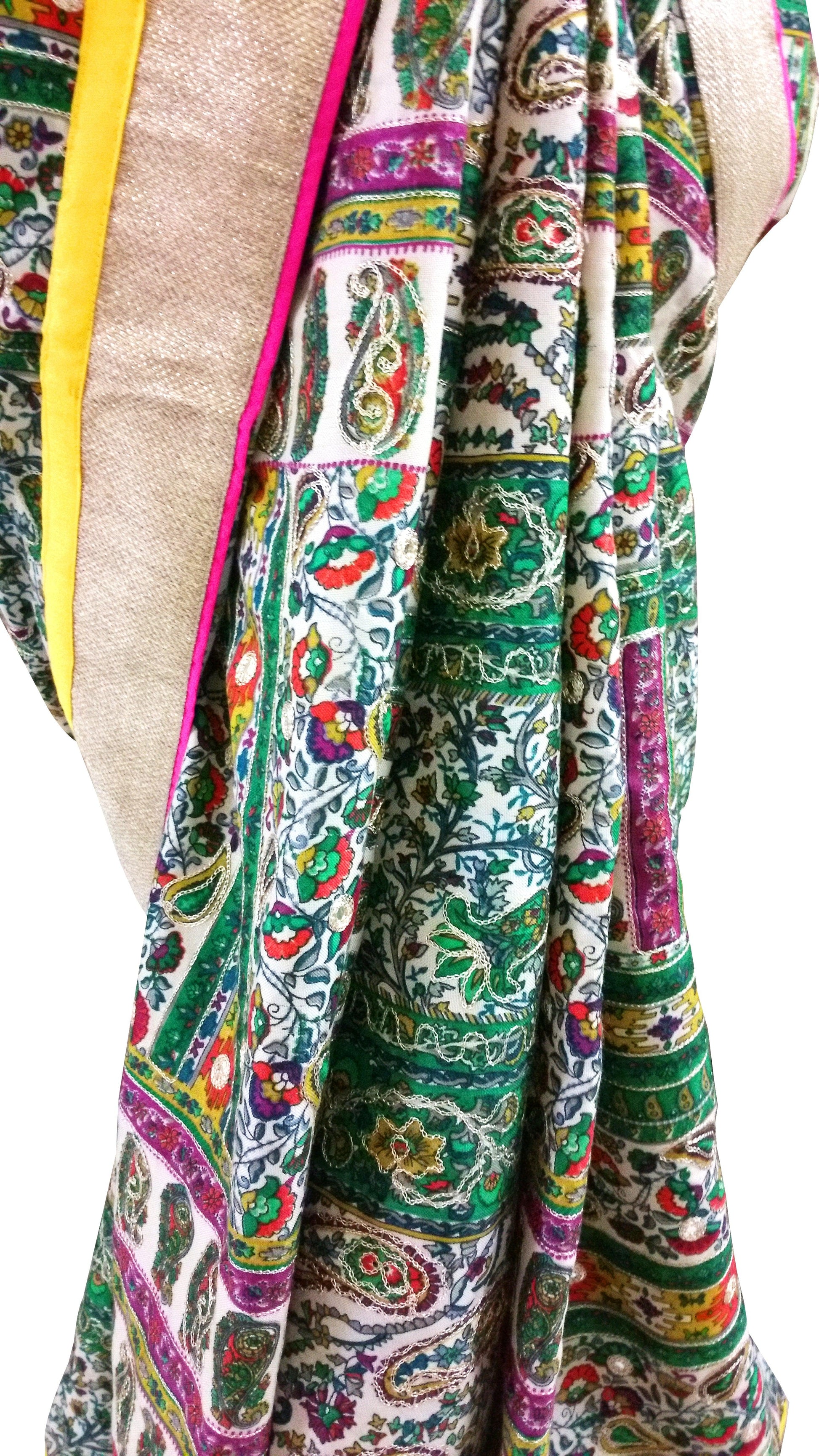 Green Pashmina Cotton Saree APS64-Anvi Creations-Pashmina Saree