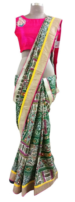Green Pashmina Cotton Saree APS64-Anvi Creations-Pashmina Saree