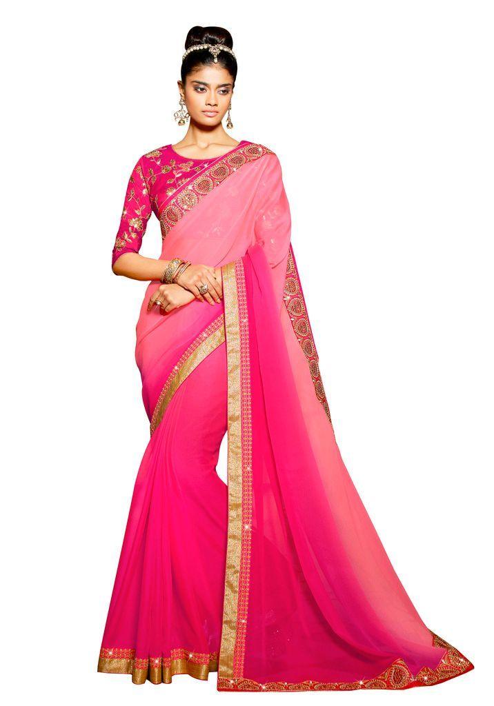 Exclusive chiffon Pink Border saree with Designr Blouse Fabric SC3004-Anvi Creations-Designer Saree