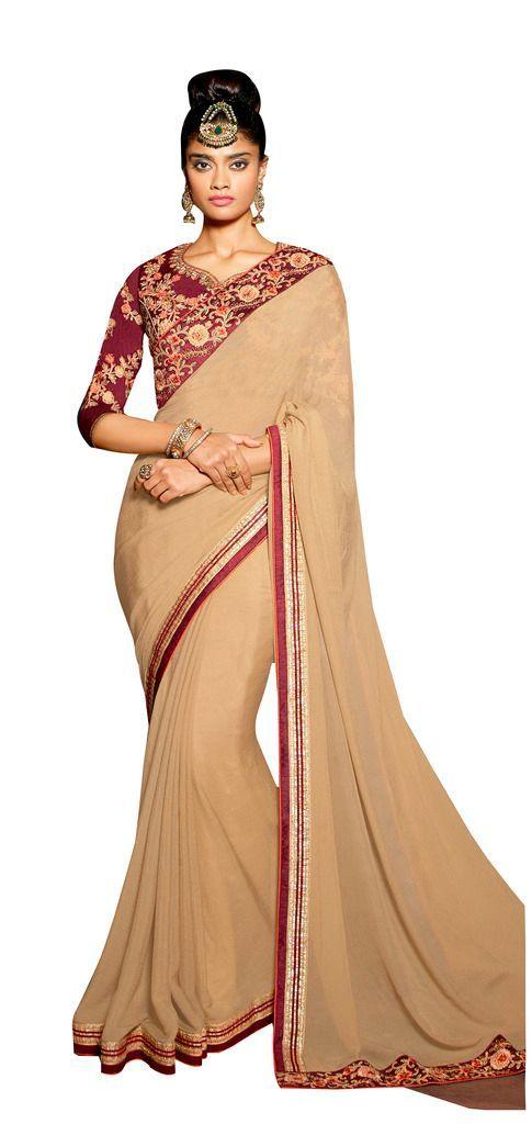 Exclusive Faux Georgette Beige Saree With Dsigner Blouse Fabric SC3008-Anvi Creations-Designer Saree