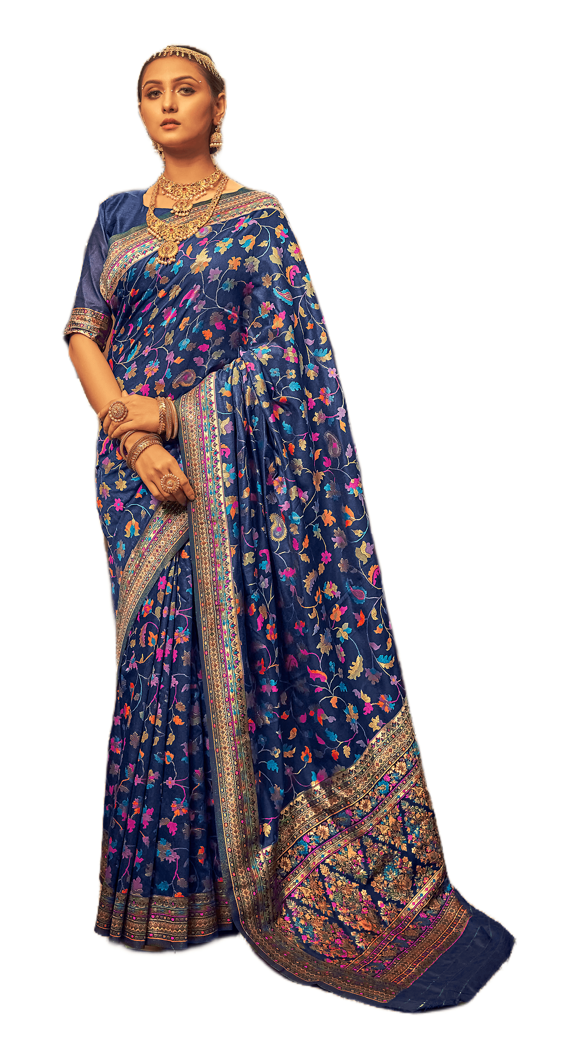 Navy Blue Kashmiri Woven Modal Silk Saree AB81 - Ethnic's By Anvi Creations