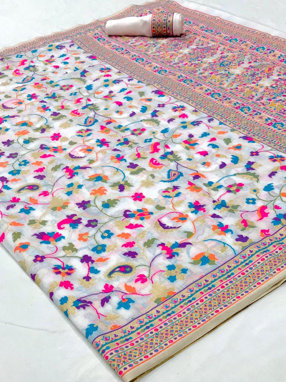 Off White Kashmiri Woven Modal Silk Saree AB83 - Ethnic's By Anvi Creations