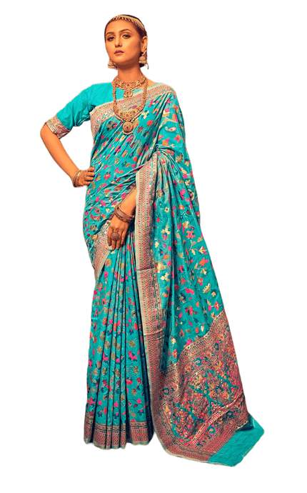 Turquoise Blue Kashmiri Woven Modal Silk Saree AB84 - Ethnic's By Anvi Creations