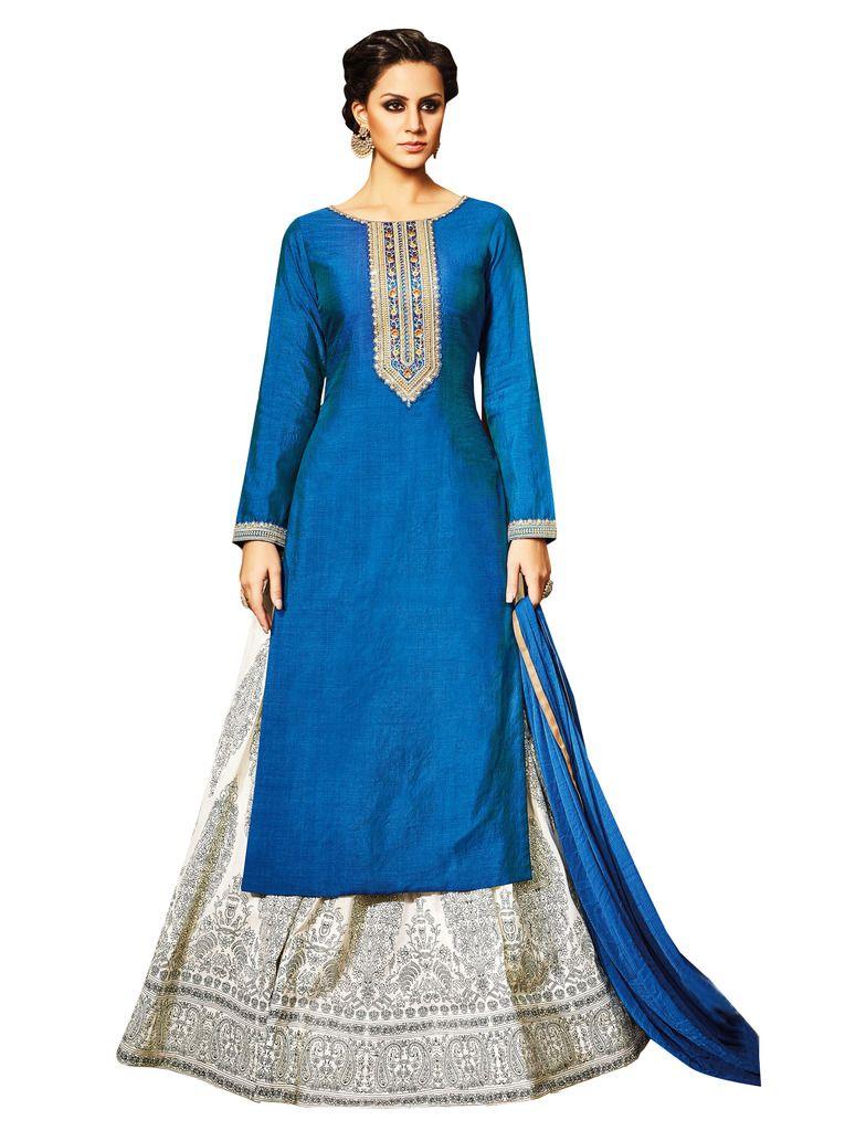 Semi Stitched Blue Cream Long Kurta Lehenga Embroidered Dress Material VP10006-Anvi Creations-Salwar Kameez