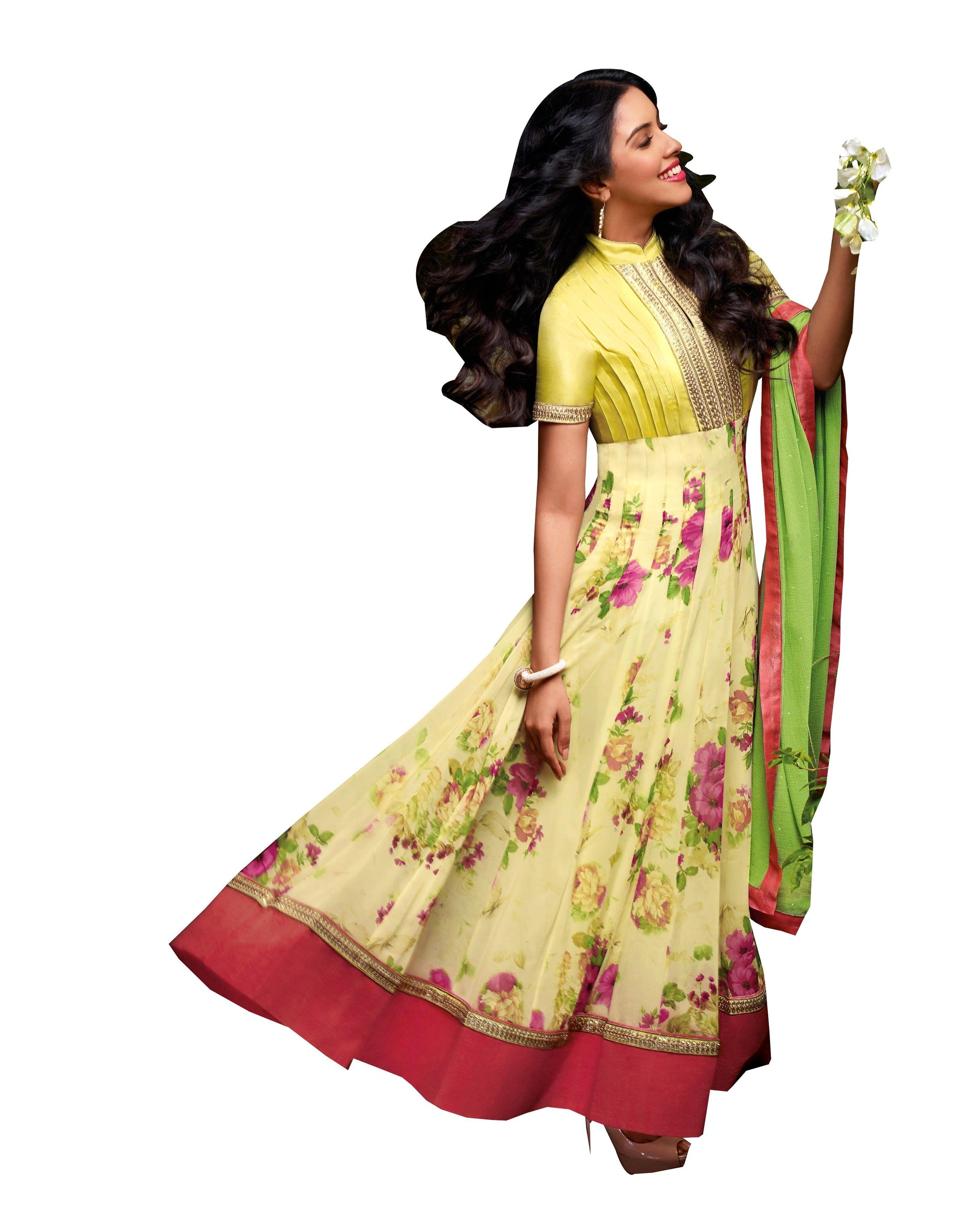 Yellow Georgette Printed Embroidered Anarkali Dress Material Asin3026-Anvi Creations-Salwar Kameez