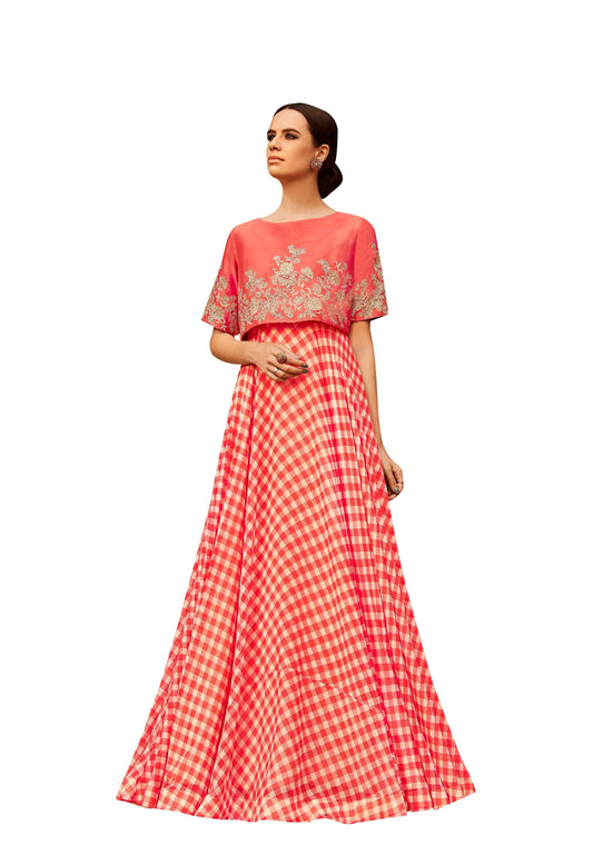 Designer Semi Stitched Peach Pink Georgette Embroidered Gown Dress Material RM6607-Anvi Creations-Salwar Kameez
