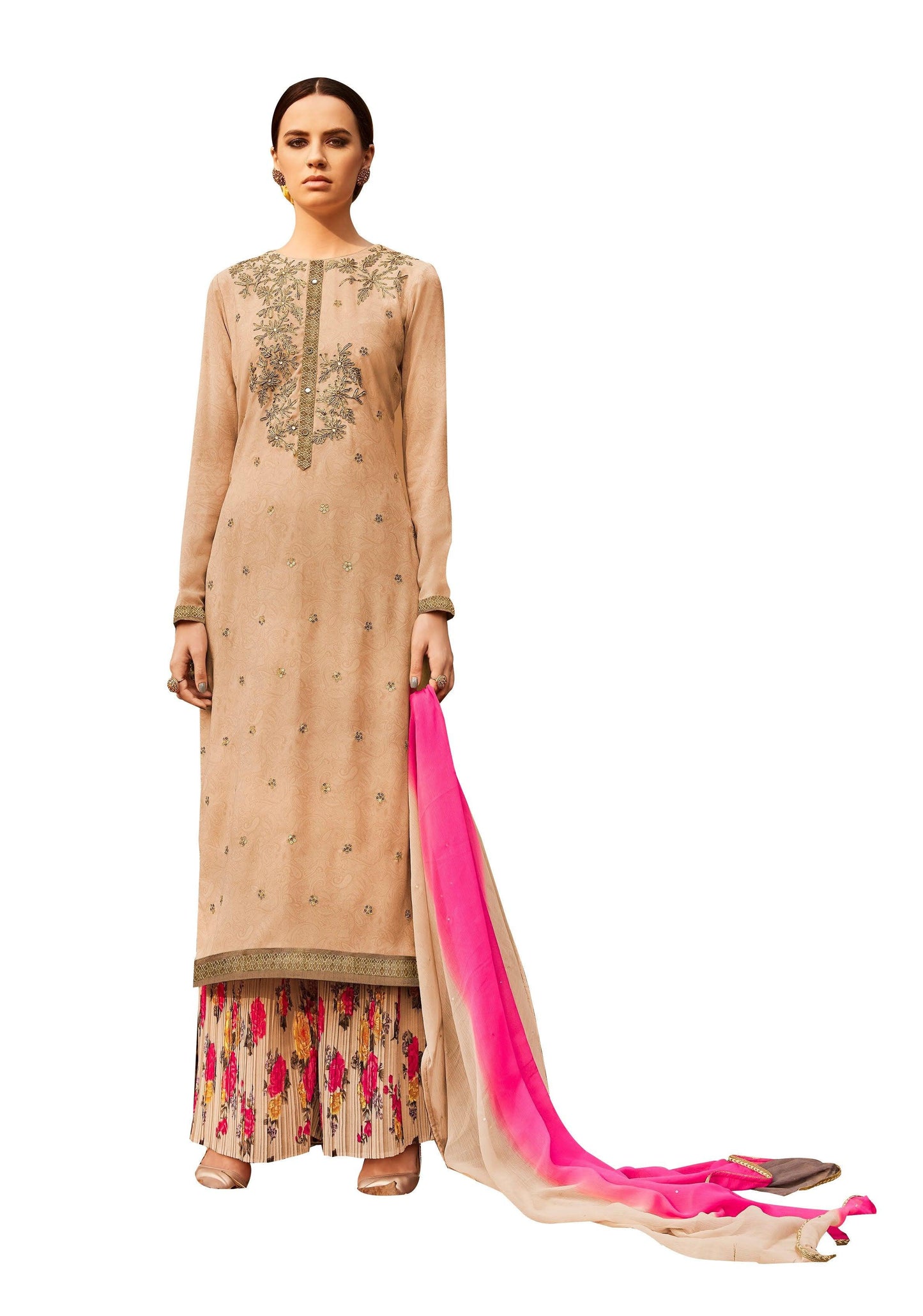 Designer Semi Stitched Beige Multi Georgette Embroidered Sharara Dress Material RM6610-Anvi Creations-Salwar Kameez