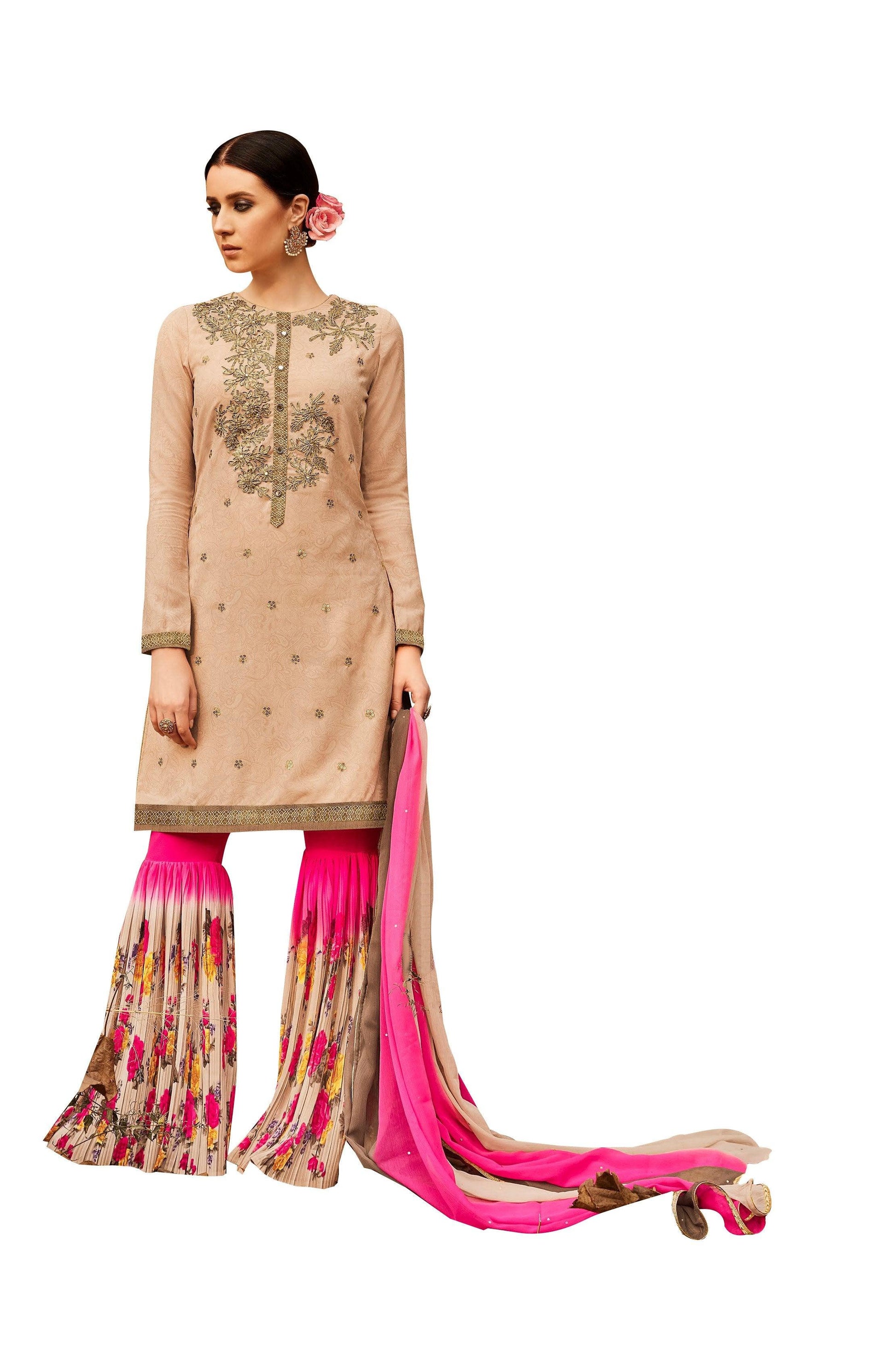 Designer Semi Stitched Beige Multi Georgette Embroidered Sharara Dress Material RM6610-Anvi Creations-Salwar Kameez