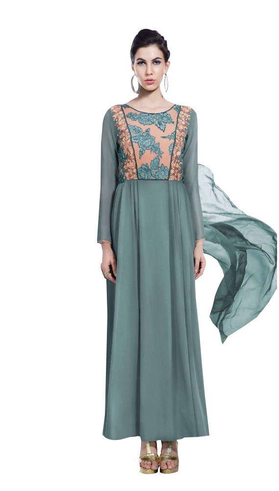 Designer Green Georgette Embroidered Dress Material With Chiffon Dupatta B7143-Anvi Creations-Salwar Kameez