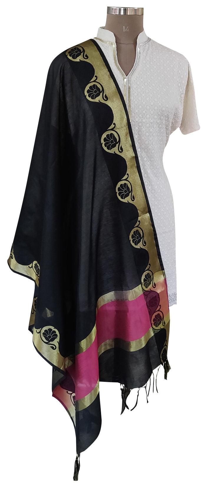 Black Banarasi Cotton Silk Dupatta DP02-Anvi Creations-Banarasi Dupatta