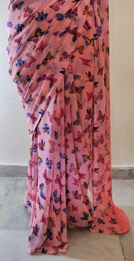 Carrot Pink Butterfly Printed Georgette Saree with Blouse BF01 - Ethnic's By Anvi Creations