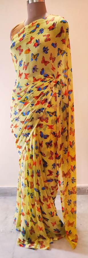 Yellow Butterfly Printed Georgette Saree with Blouse BF03 - Ethnic's By Anvi Creations