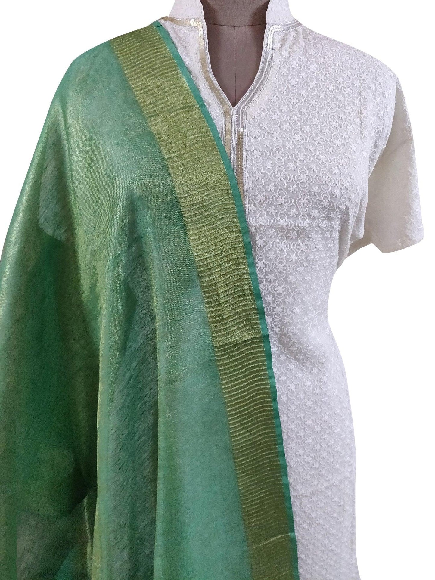 Handloom Tissue Linen Green Dupatta BLD02-Anvi Creations-