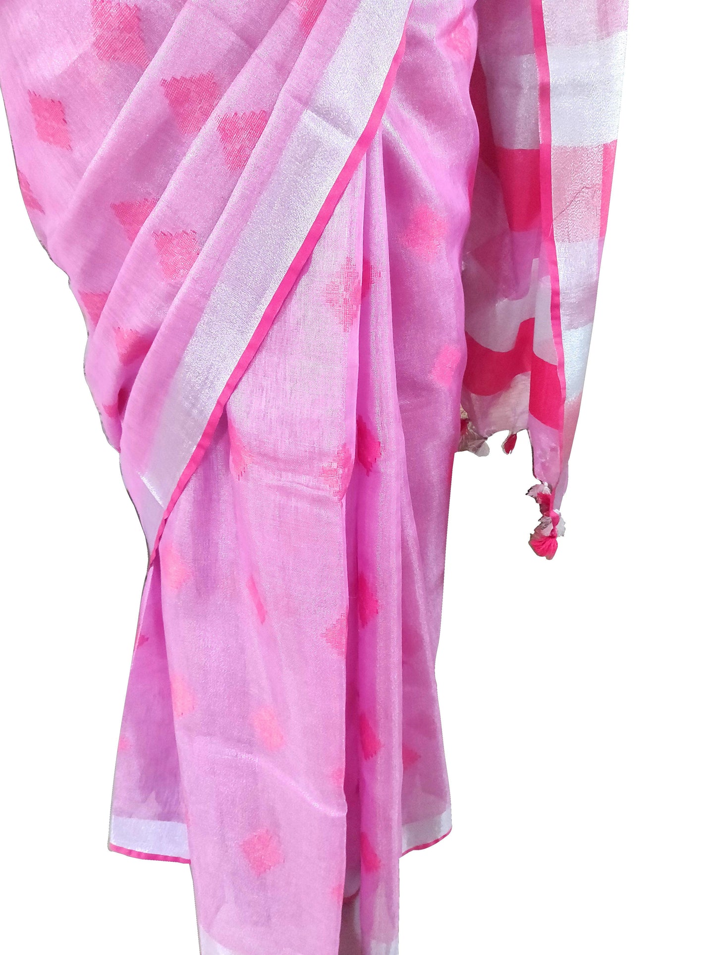 Silver Border Pink Tissue Linen Cotton Saree BLS04-Anvi Creations-Handloom Saree
