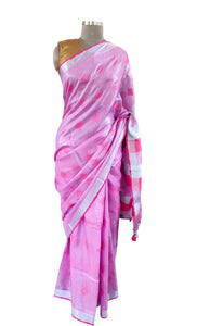 Silver Border Pink Tissue Linen Cotton Saree BLS04-Anvi Creations-Handloom Saree