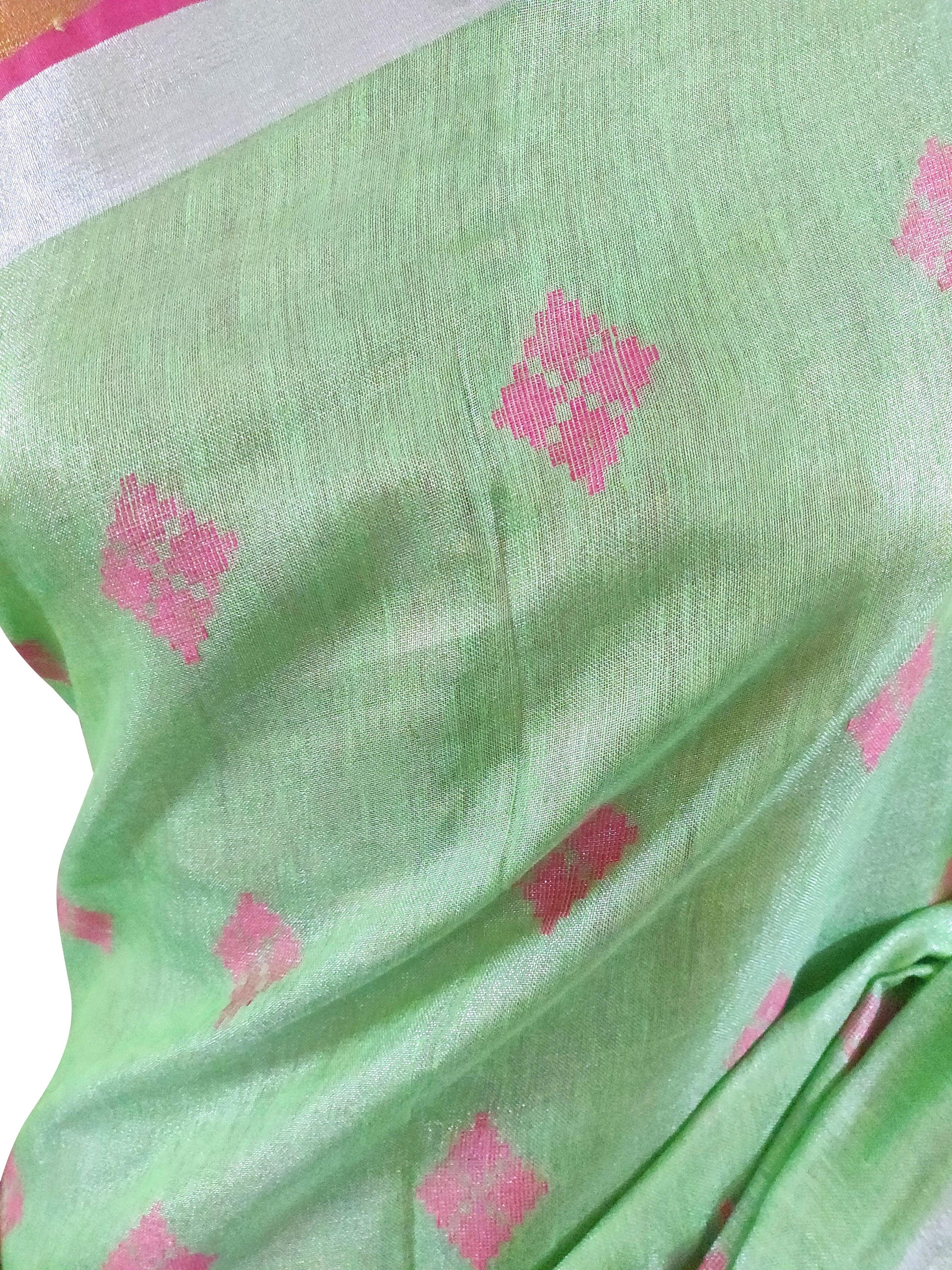 Silver Border  Green Tissue Linen Cotton Saree BL05-Anvi Creations-Handloom Saree