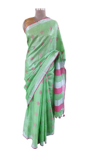 Silver Border  Green Tissue Linen Cotton Saree BL05-Anvi Creations-Handloom Saree