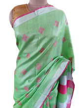 Load image into Gallery viewer, Silver Border  Green Tissue Linen Cotton Saree BL05-Anvi Creations-Handloom Saree