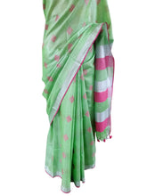 Load image into Gallery viewer, Silver Border  Green Tissue Linen Cotton Saree BL05-Anvi Creations-Handloom Saree