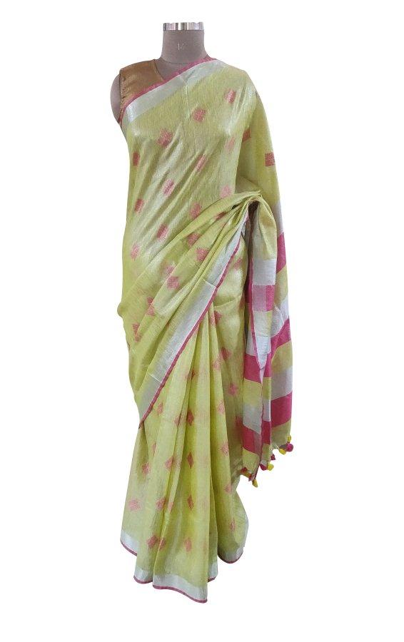 Silver Border Green Tissue Linen Cotton Saree BLS06-Anvi Creations-Handloom Saree