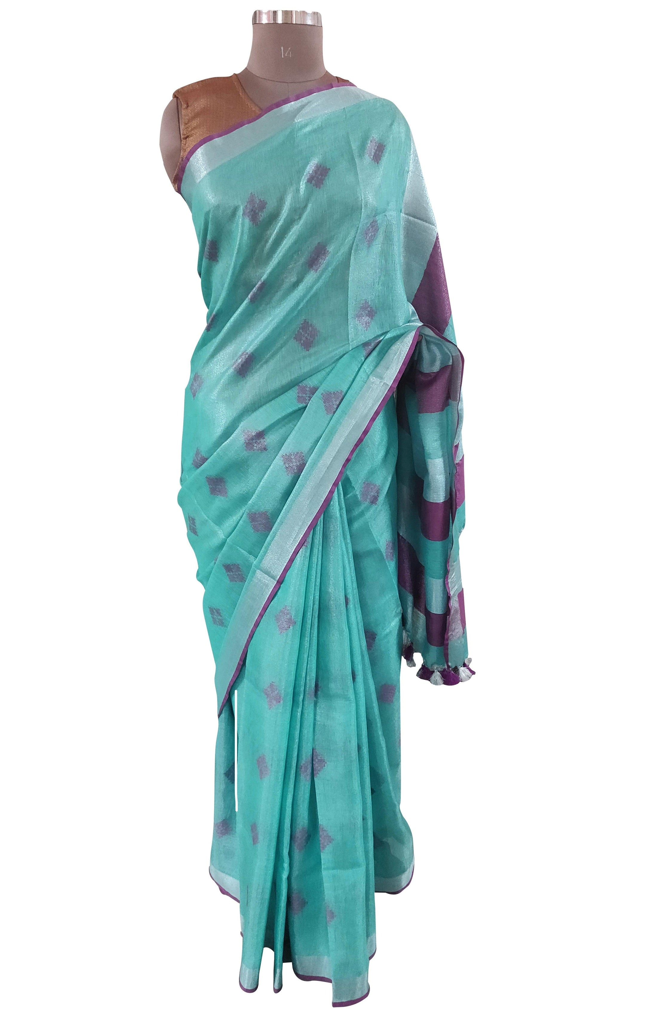 Silver Border Turquoise Tissue Linen Cotton Saree BLS07-Anvi Creations-Handloom Saree