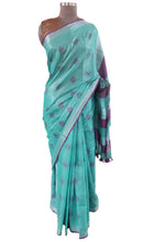 Load image into Gallery viewer, Silver Border Turquoise Tissue Linen Cotton Saree BLS07-Anvi Creations-Handloom Saree
