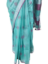 Load image into Gallery viewer, Silver Border Turquoise Tissue Linen Cotton Saree BLS07-Anvi Creations-Handloom Saree