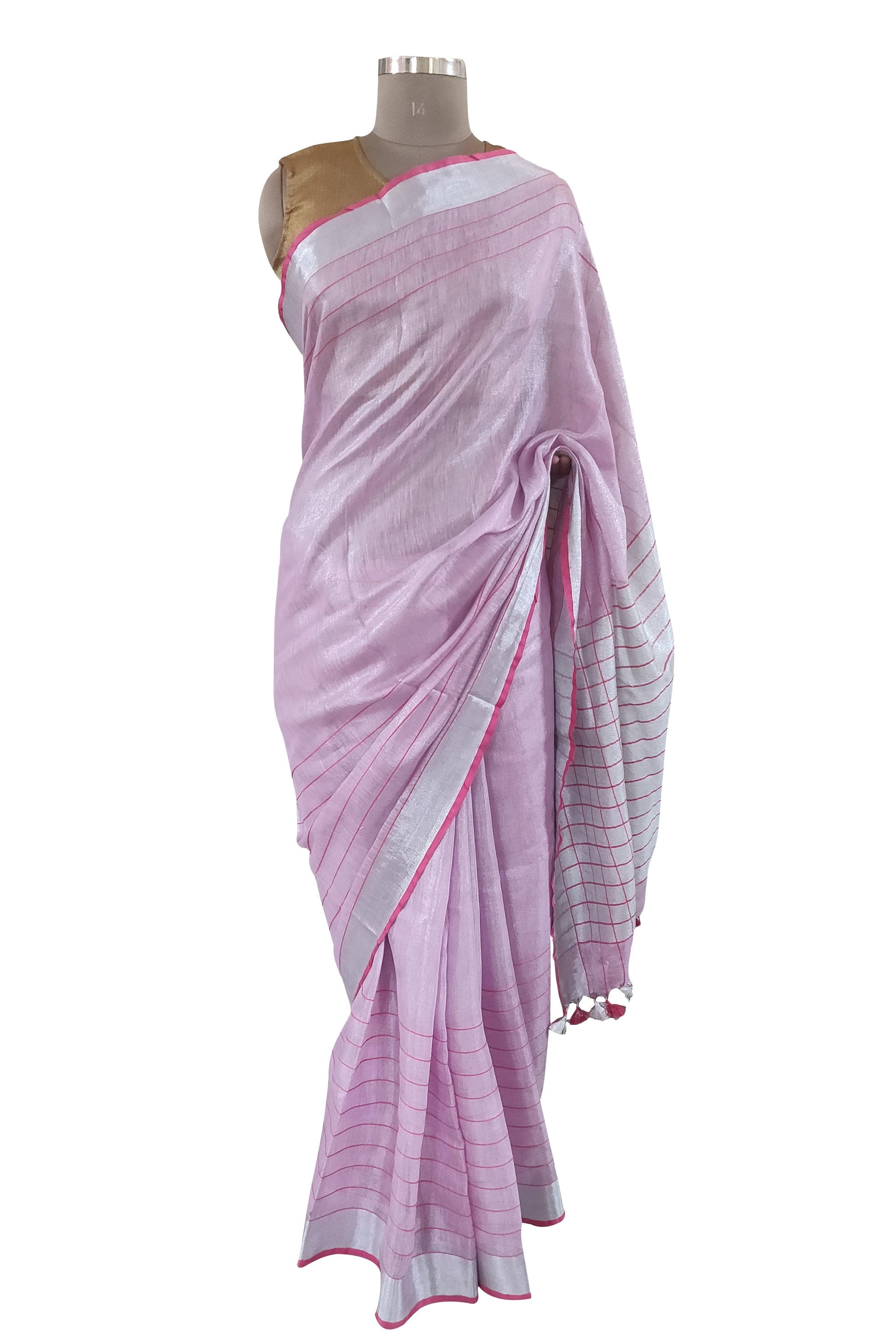 Silver Border pink Tissue Linen Cotton Saree BLS08-Anvi Creations-Handloom Saree