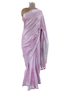 Silver Border pink Tissue Linen Cotton Saree BLS08-Anvi Creations-Handloom Saree
