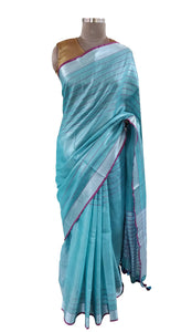 Silver Border Turquoise Tissue Linen Cotton Saree BLS09-Anvi Creations-Handloom Saree