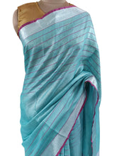 Load image into Gallery viewer, Silver Border Turquoise Tissue Linen Cotton Saree BLS09-Anvi Creations-Handloom Saree