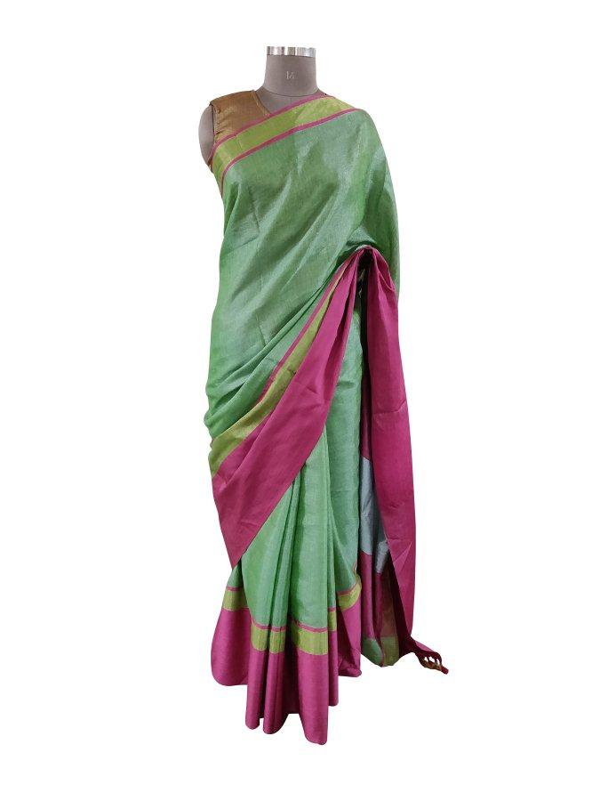 Gold Border Green Linen Cotton Saree BLS11-Anvi Creations-Handloom Saree