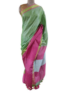 Gold Border Green Linen Cotton Saree BLS11-Anvi Creations-Handloom Saree