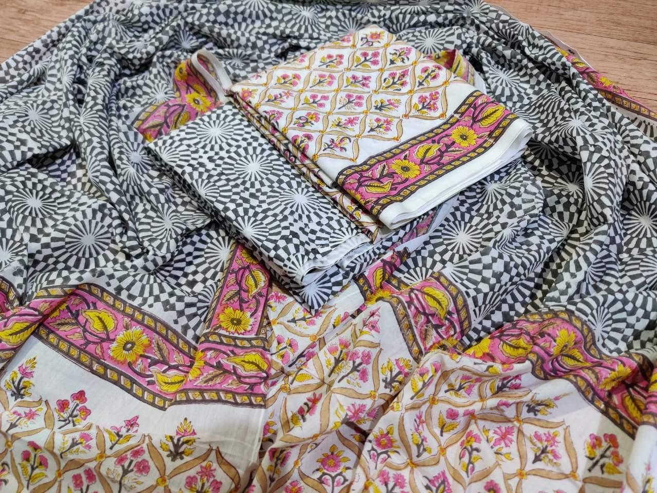 Exclusive Floral off white Block Printed Cotton Salwar Kameez Dress Material with Cotton Dupatta BP51-Anvi Creations-Block Printed Cotton Suit with Cotton Dupatta