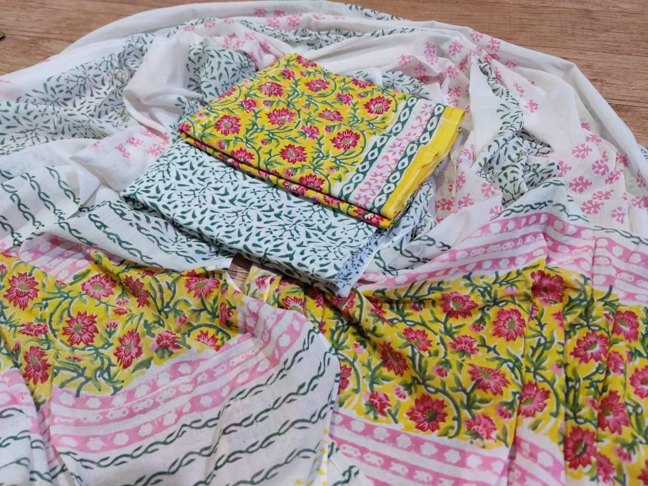 Exclusive Floral Yellow Block Printed Cotton Salwar Kameez Dress Material with Cotton Dupatta BP53-Anvi Creations-Block Printed Cotton Suit with Cotton Dupatta
