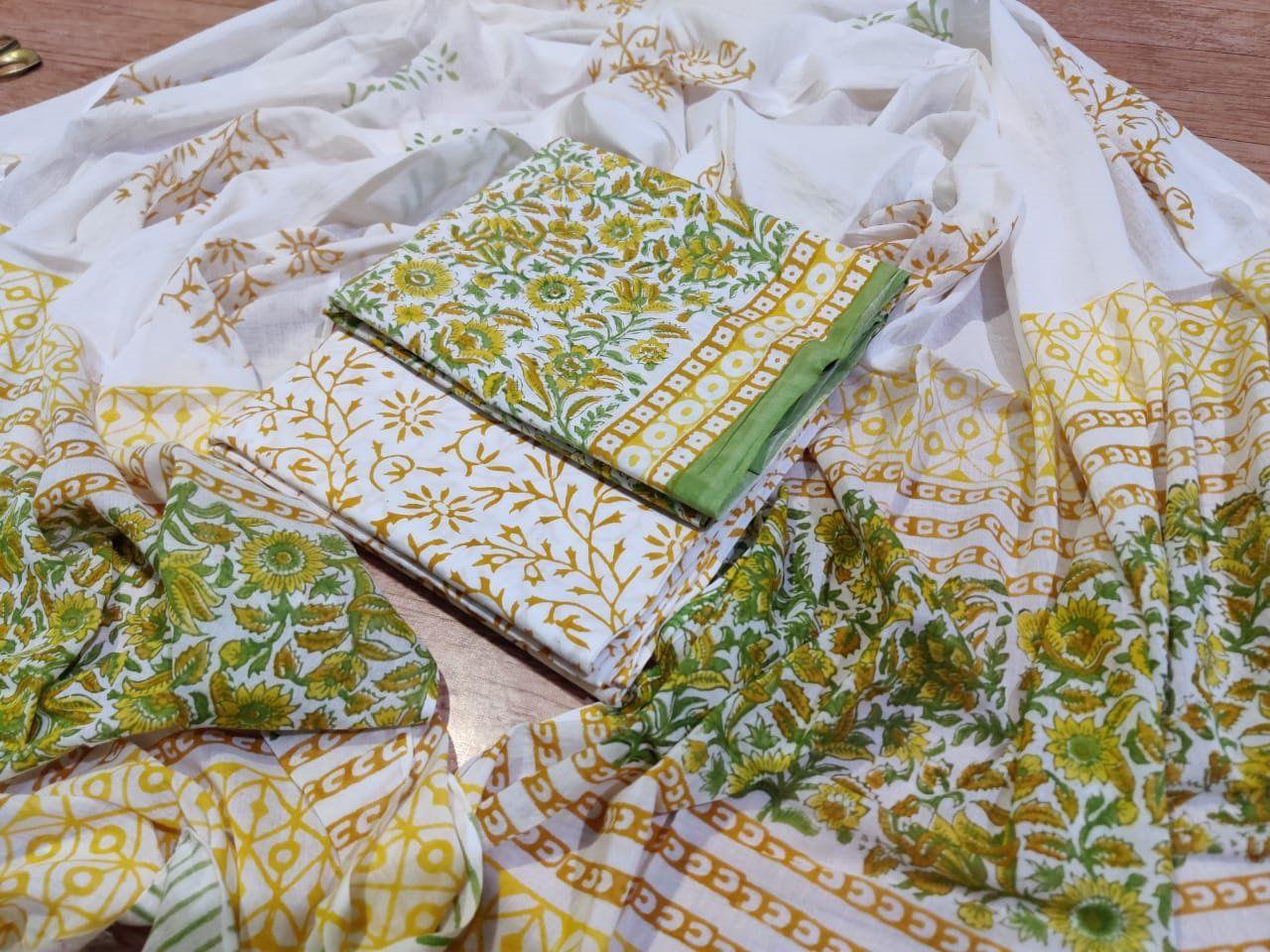 Exclusive Off white Block Printed Cotton Salwar Kameez Dress Material with Cotton Dupatta BP60-Anvi Creations-Block Printed Cotton Suit with Cotton Dupatta